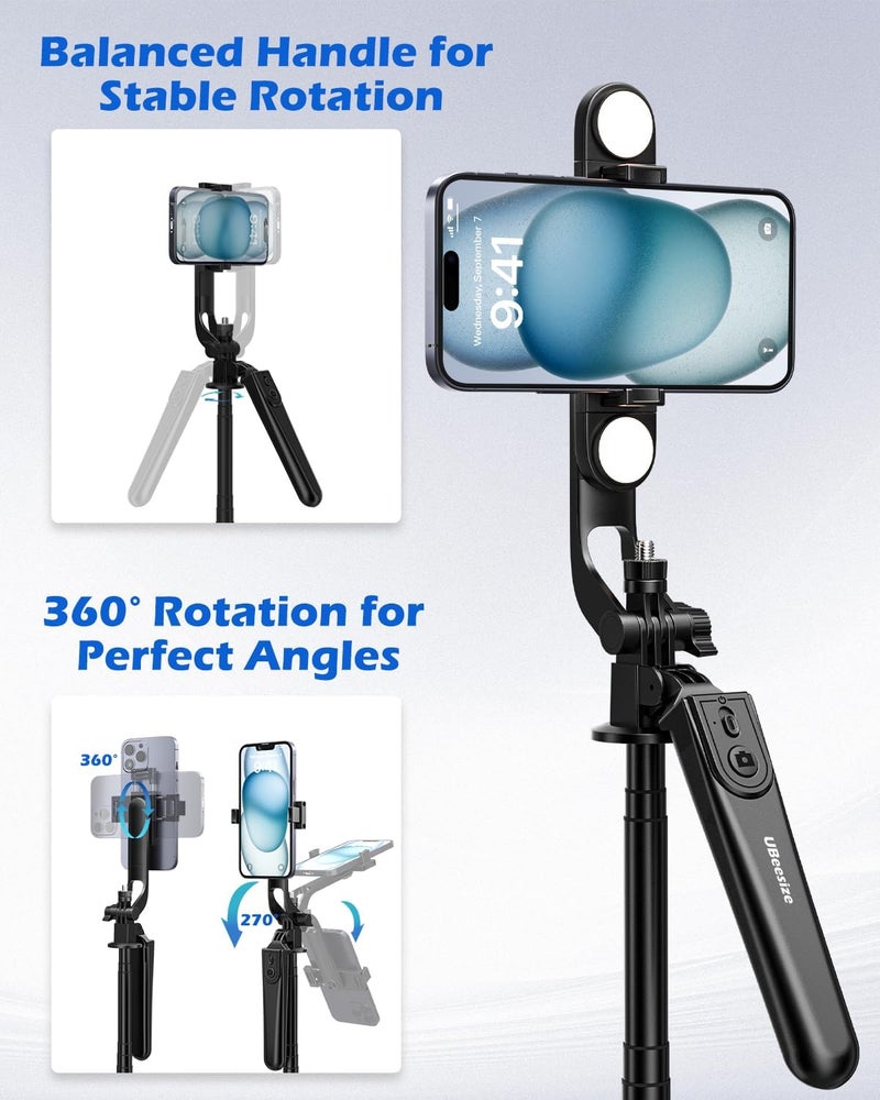 UBeesize 64'' Extendable Selfie Stick Tripod with Light & Remote, Adjustable Phone Tripod Stand for iPhone 17-11, Android, Camera, Travel Vlogging & Video Recording - Image 4